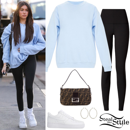 Madison Beer: Baby Blue Sweater, Black Leggings | Steal Her Style