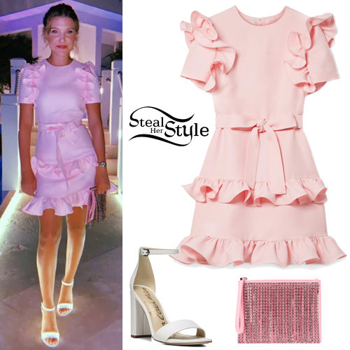Millie Bobby Brown: Pink Mini Dress, White Sandals