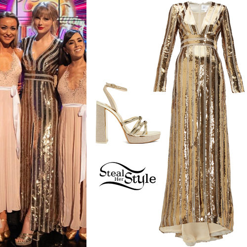 Taylor Swift Gold Striped Dress Platform Sandals Steal Her Style