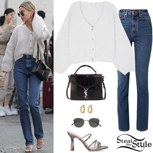 Hailey Baldwin White Crop Cardigan Snake Mules Steal Her Style