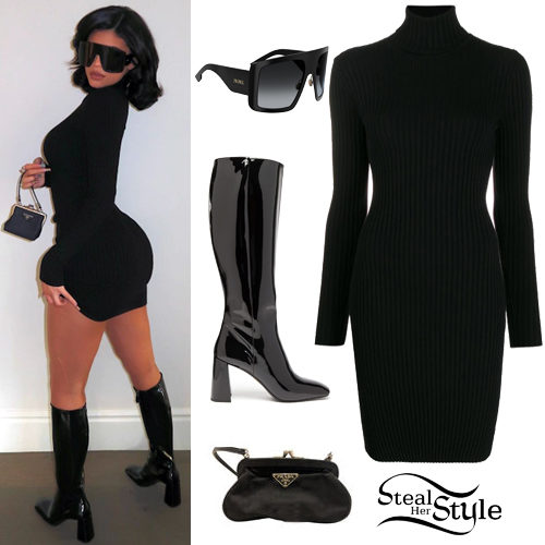 Kylie Jenner: Black Mini Dress and Boots