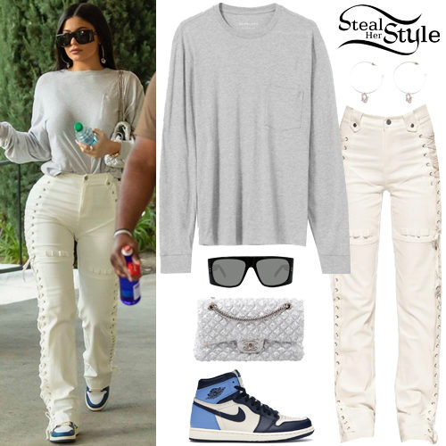 Kylie Jenner in white t-shirt and pink jeans on May 13 ~ I want her style -  What celebrities wore and where to buy it. Celebrity Style