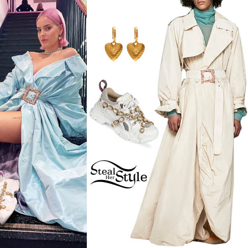 Anne-Marie: Blue Coat Dress, Crystal Sneakers | Steal Her Style