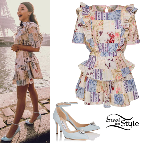 Gabi DeMartino: Patchwork Dress, Blue Pumps | Steal Her Style