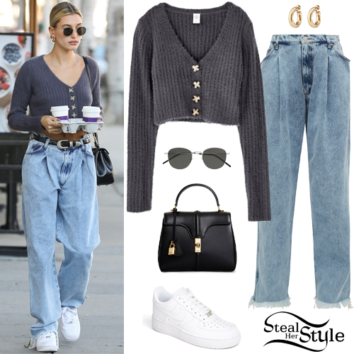 Hailey Baldwin: Crop Cardigan, Oversized Jeans | Steal Her Style