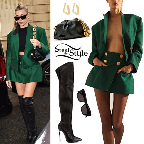 Hailey Baldwin: Green Jacket and Mini Skirt | Steal Her Style