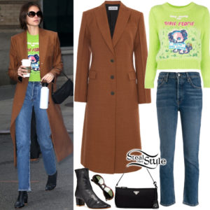 Kaia Gerber: Green Sweater, Brown Coat | Steal Her Style