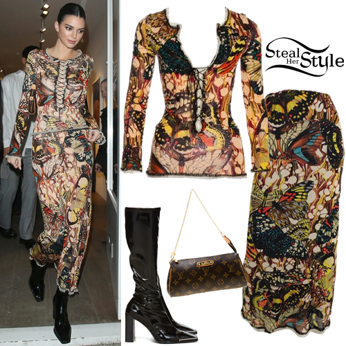 Kendall Jenner: Butterfly Print Top and Skirt