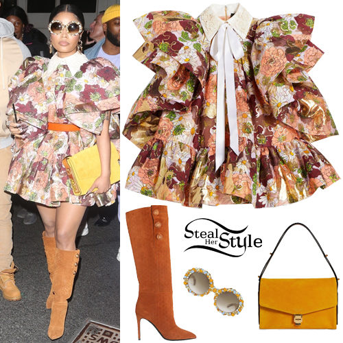 Nicki Minaj: Floral Mini Dress, Brown Boots