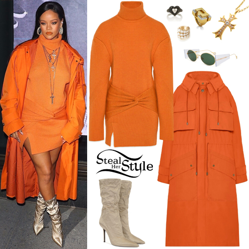Rihanna Wore a Fenty Neon Orange Sweater Dress and Matching Coat
