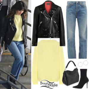 Selena Gomez: Yellow Sweater, Leather Jacket | Steal Her Style