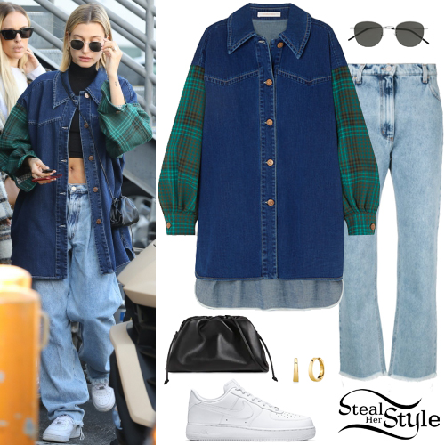 Hailey Baldwin: Denim Check Shirt, White Sneakers | Steal Her Style