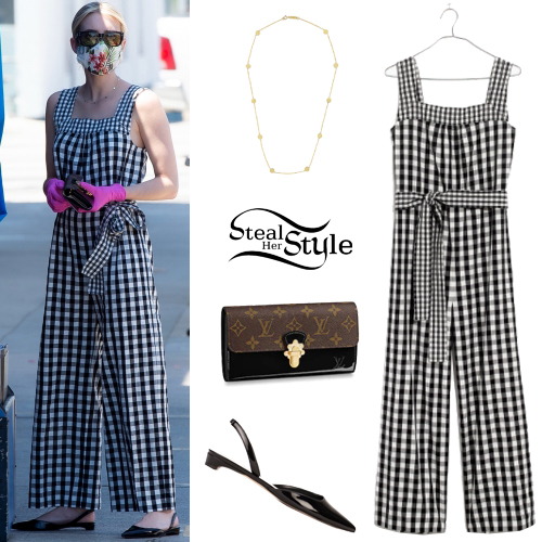 Emma Roberts: Gingham Jumpsuit, Patent Flats | Steal Her Style