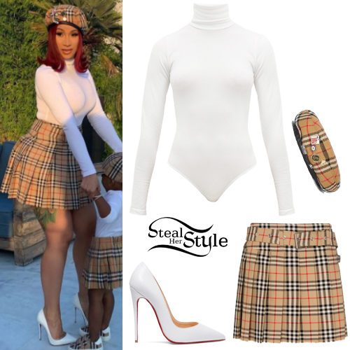 Cardi B: White Turtleneck, Checked Skirt | Steal Her Style