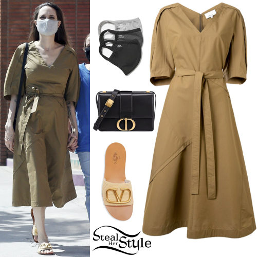 Angelina Jolie: Khaki Midi Dress, Rafia Sandals