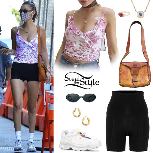 Bella Hadid: Pink Floral Top, Black Shorts | Steal Her Style
