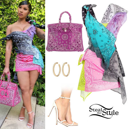 Cardi B's Bandana-Print Minidress and Hermès Birkin Bag