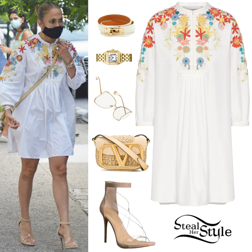 Jennifer Lopez: Embroidered Dress, Clear Sandals | Steal Her Style