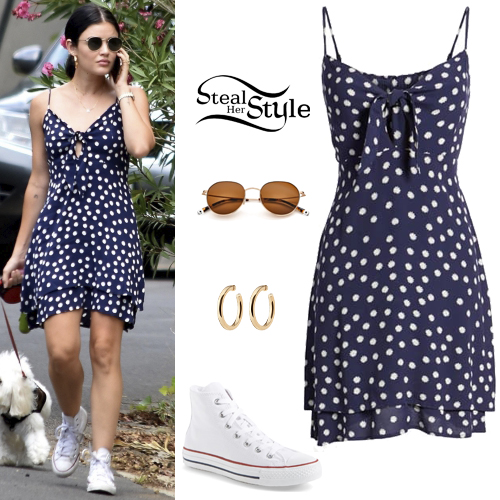 Lucy Hale: Blue Dots Dress, White Sneakers