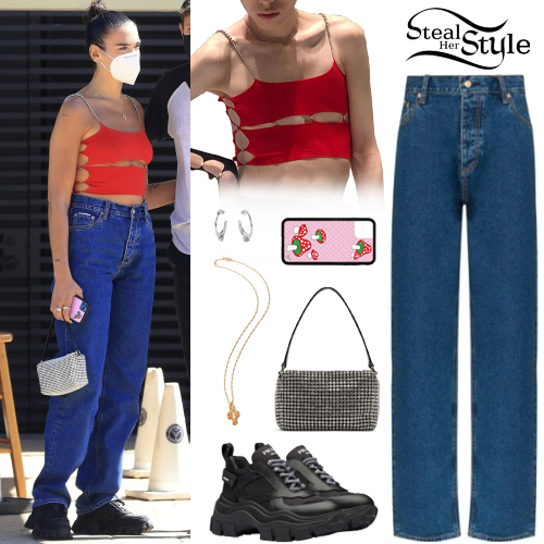 Dua Lipa: Red Crop Top, Blue Jeans | Steal Her Style