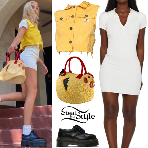 Emma Chamberlain: Yellow Vest, White Knit Dress