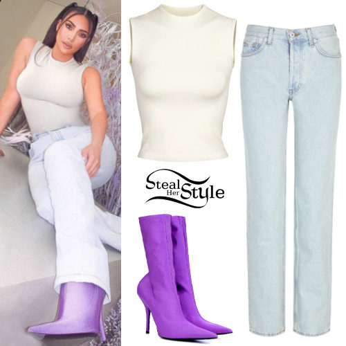 Kim Kardashian: Beige Tank Top, Purple Boots | Steal Her Style