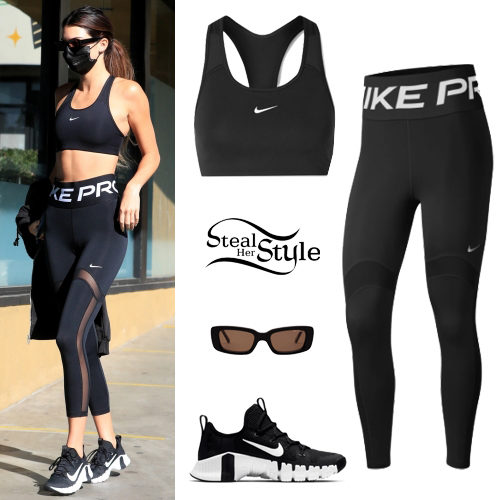 Who made Kendall Jenner's black leggings, sweatshirt, white sports bra,  leggings, and sneakers? – OutfitID