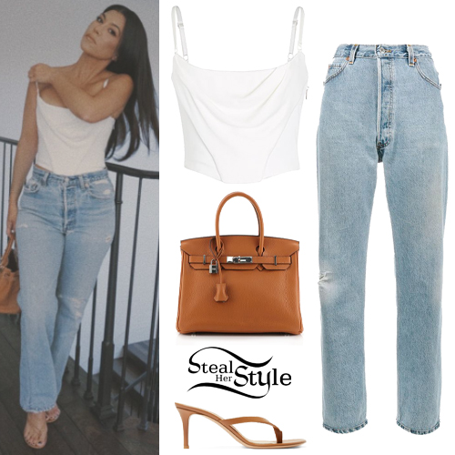 Kourtney Kardashian: White Crop Top, High Waist Jeans | Steal Her Style