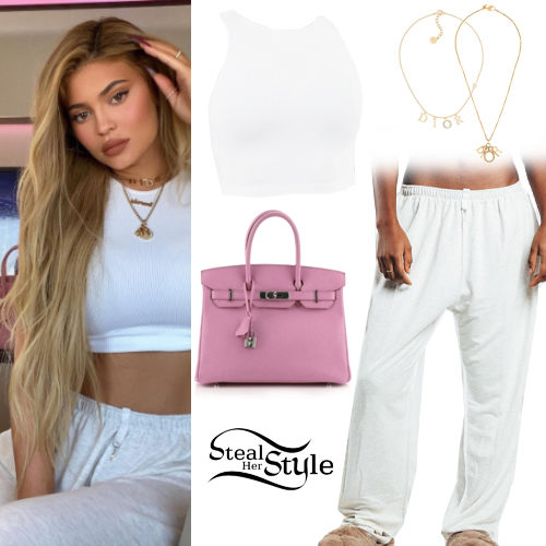 Kylie Jenner: White Top, Grey Jogger | Steal Her Style