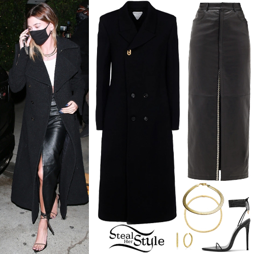 Hailey Baldwin: Black Coat, Leather Skirt | Steal Her Style