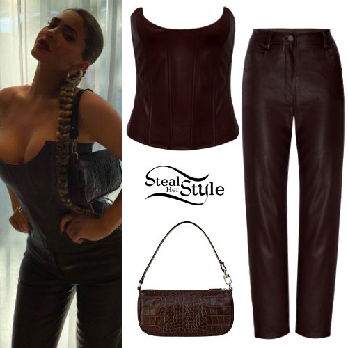 Kylie Jenner: Brown Leather Corset and Pants