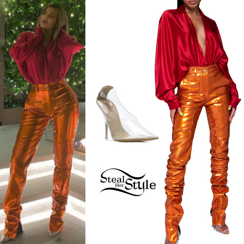 Kendall Jenner: Red Satin Top and Pants