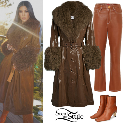 Kourtney Kardashian: Brown Leather Coat and Pants | Steal Her Style
