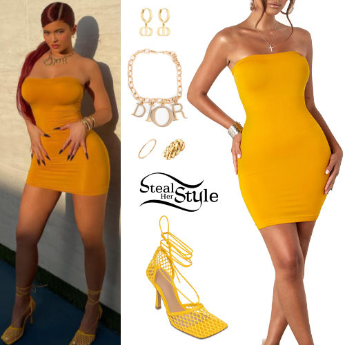 Kylie Jenner: Tube Mini Dress, Yellow Sandals