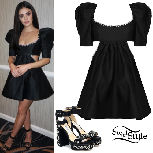 Lucy Hale: Black Mini Dress and Platforms | Steal Her Style