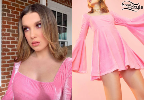 Millie Bobby Brown: Pink Dress, Lilac Cardigan