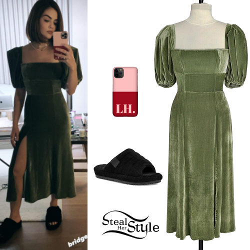 Lucy Hale: Green Velvet Dress, Fur Flats