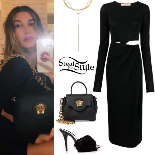 Hailey Baldwin: Black Mini Dress, Shoulder Bag