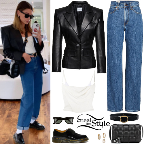 Hailey Baldwin: Leather Blazer, Blue Jeans