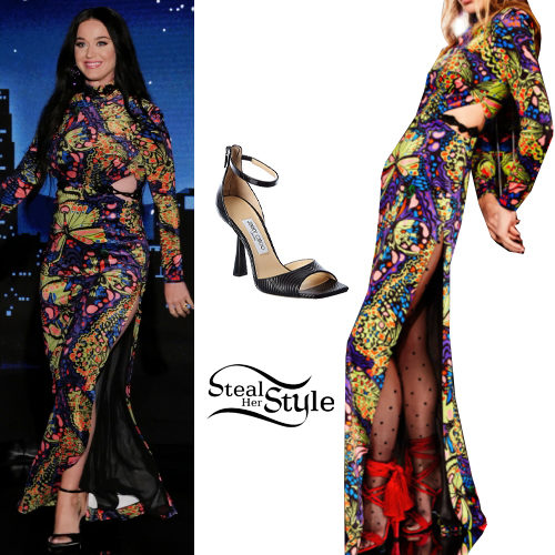Katy Perry: Printed Dress, Black Sandals | Steal Her Style