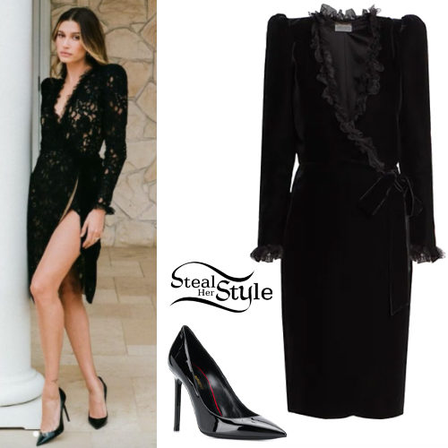 Who made Hailey Baldwin's black lace jumpsuit, tuxedo jacket, and slingback  brown pumps? – OutfitID