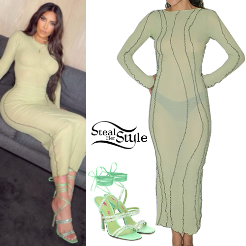 Who made Kim Kardashian's green long sleeve dress, black shoes