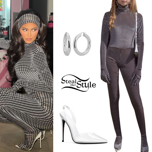 Kylie Jenner: Houndstooth Bodysuit, Clear Shoes