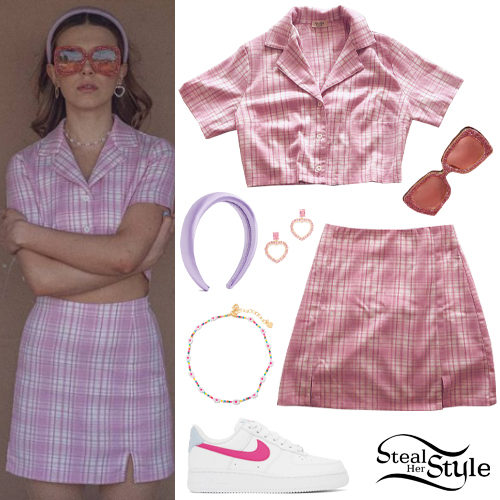 Millie Bobby Brown: Pink Mini Dress, White Sandals