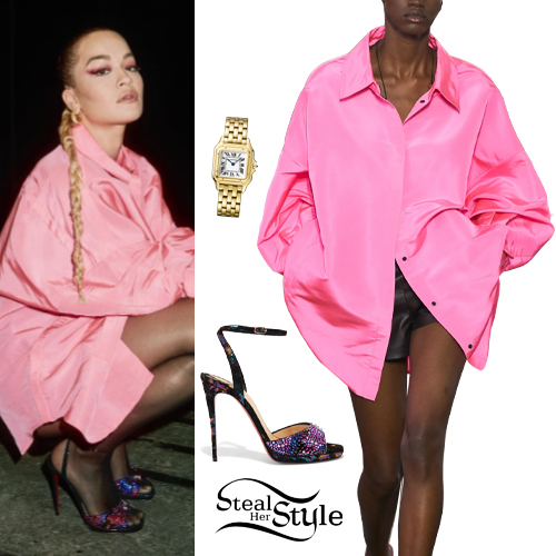 Rita Ora: Pink Blouse, Crystal Sandals