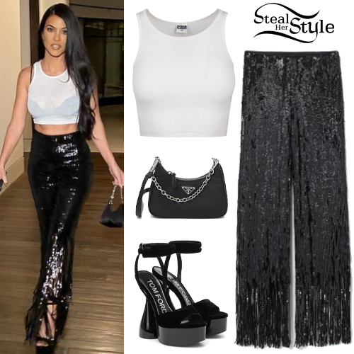 Kourtney Kardashian: White Top, Black Sequin Pants | Steal Her Style