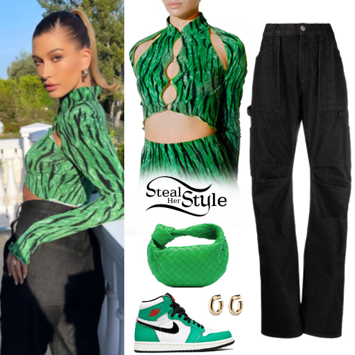 Hailey Baldwin: Gucci T-Shirt, Green Nylon Pants