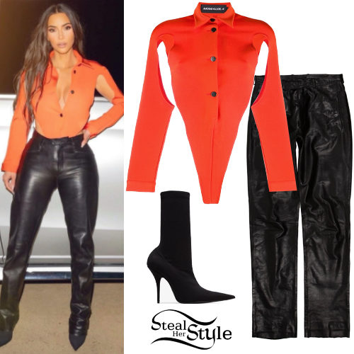 Kim Kardashian: Orange Blouse, Leather Pants | Steal Her Style