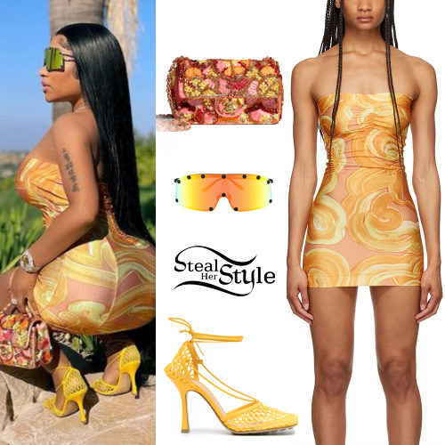Nicki Minaj: Printed Mini Dress, Yellow Sandals
