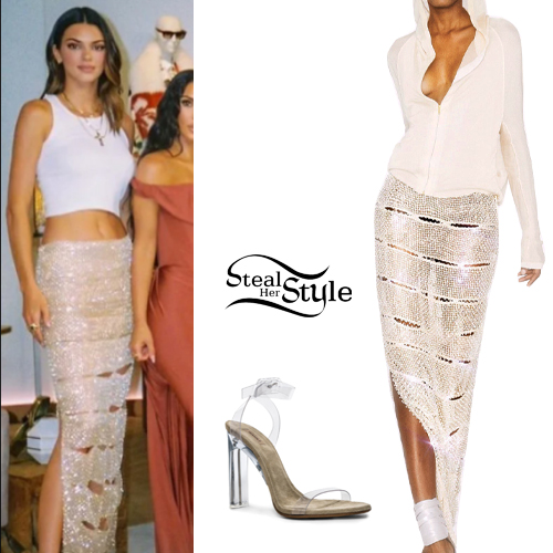 Kendall Jenner: Embellished Skirt, Clear Sandals | Steal Her Style